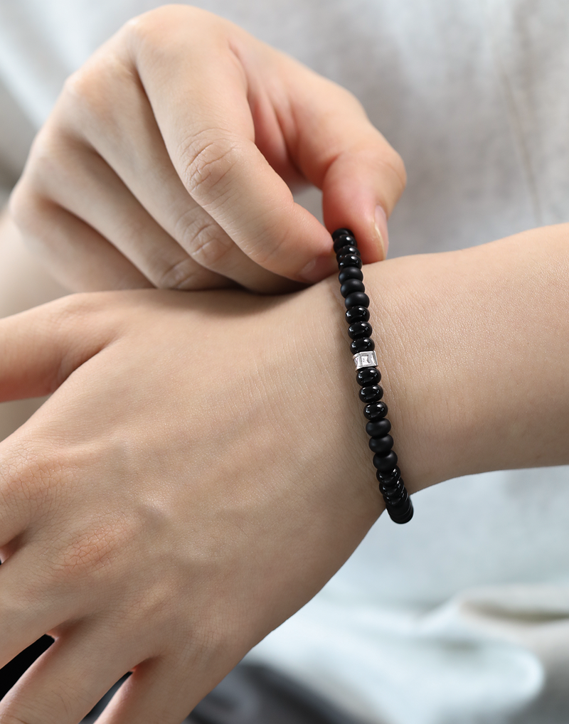 AWNL】メンズ オニキス ブレスレット｜ルーン文字｜4*6mmロンデル