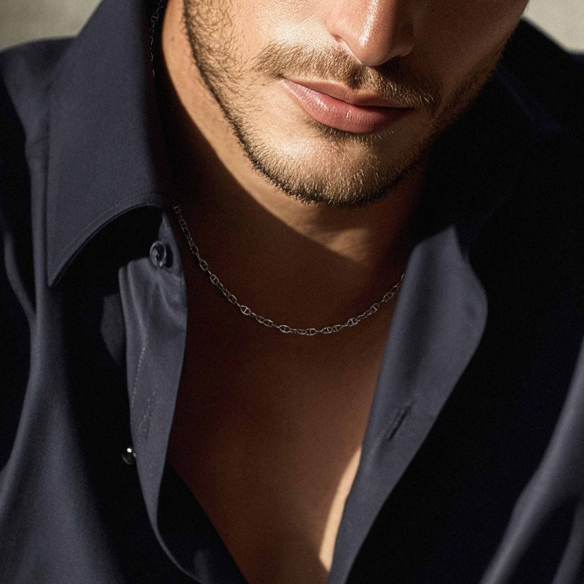 AWNL メンズ 黒蝶貝 クラスプ シルバーナローアンカーチェーン