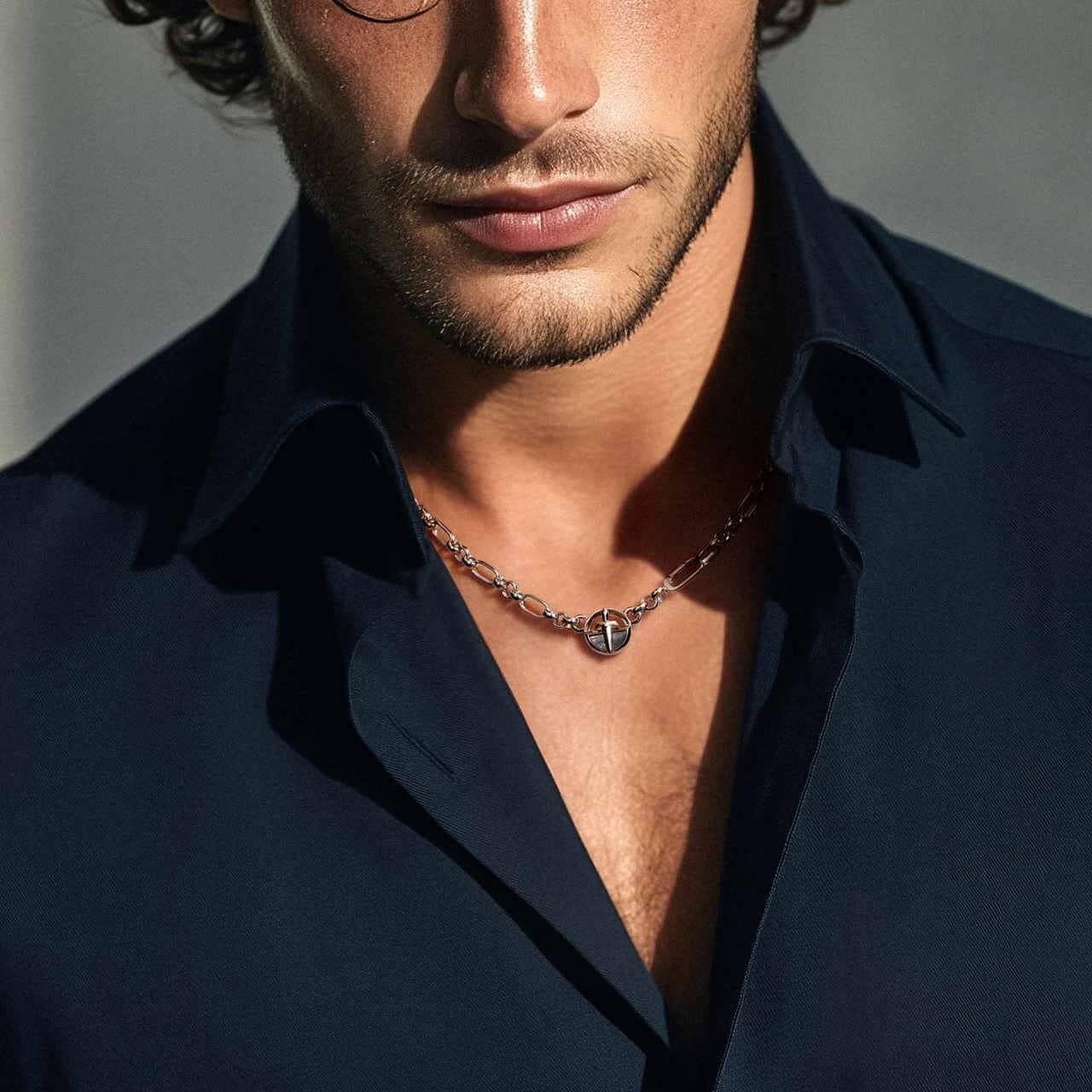 AWNL メンズ 黒蝶貝 クラスプ シルバーフィガロチェーン