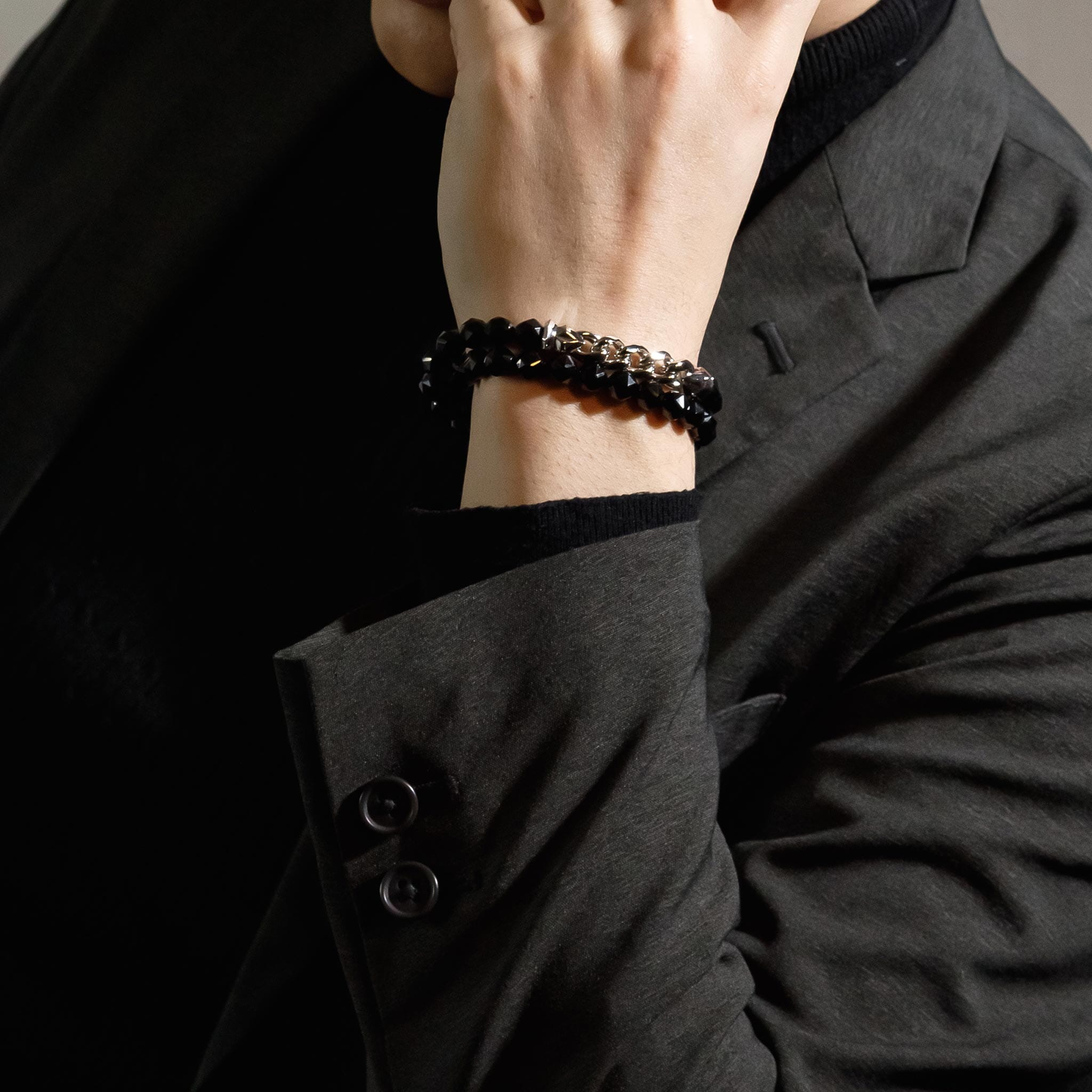 AWNL】メンズ ブラックスピネル 二重巻き ハーフチェーン 喜平シルバー