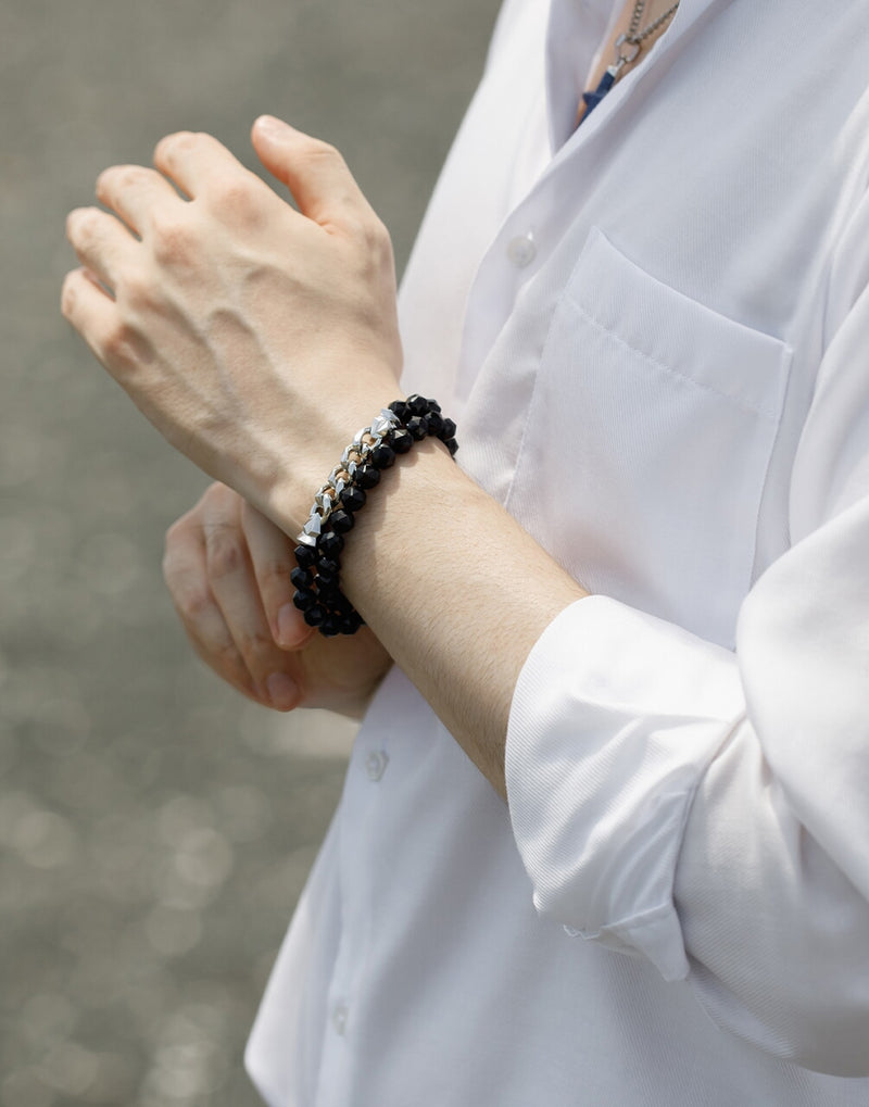 AWNL】メンズ ブラックスピネル 二重巻き ハーフチェーン 喜平シルバー