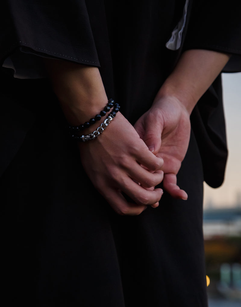 AWNL ブラック ブレスレット AWNL】メンズ ブラックスピネル 二重巻き ハーフチェーン 喜平シルバー