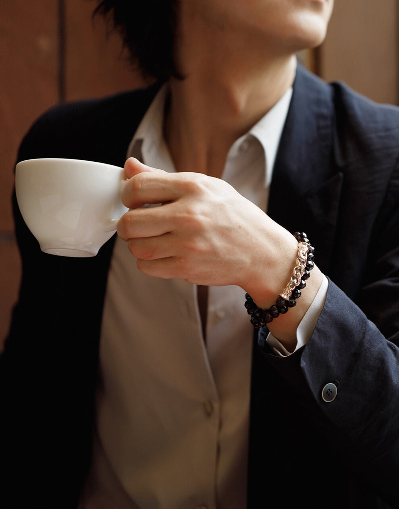 AWNL】メンズ ブラックスピネル 二重巻き ハーフチェーン 喜平シルバー