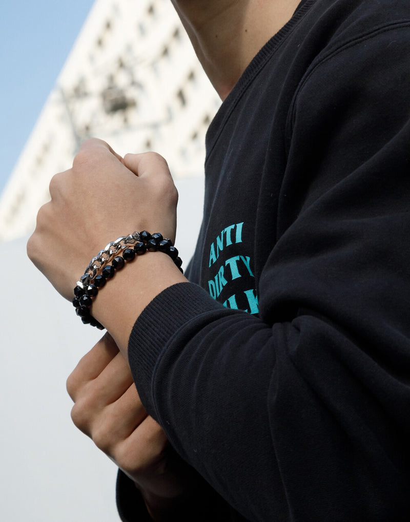 AWNL】メンズ ブラックスピネル 二重巻き ハーフチェーン 喜平シルバー