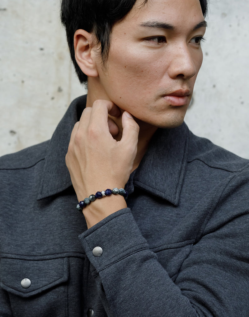 AWNL メンズ グレーホークスアイ&ソーダライト ブレスレット｜シルバー