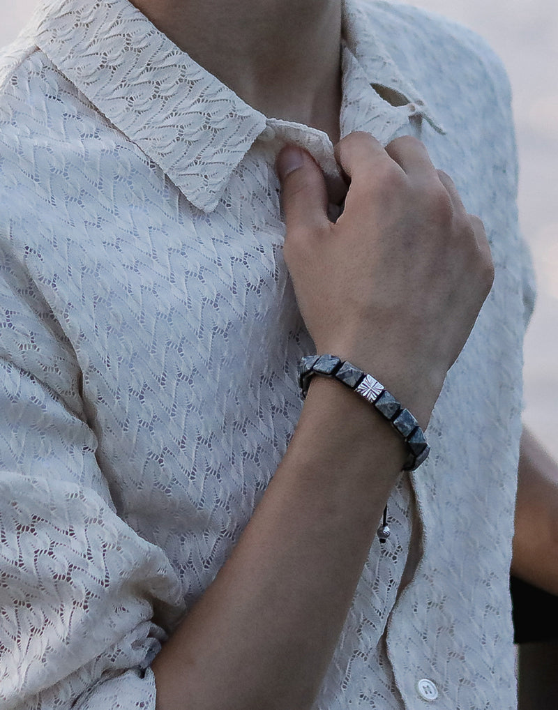 AWNL】メンズ ピカソジャスパー 編みブレスレット｜騎士鉄十字 | 9.5