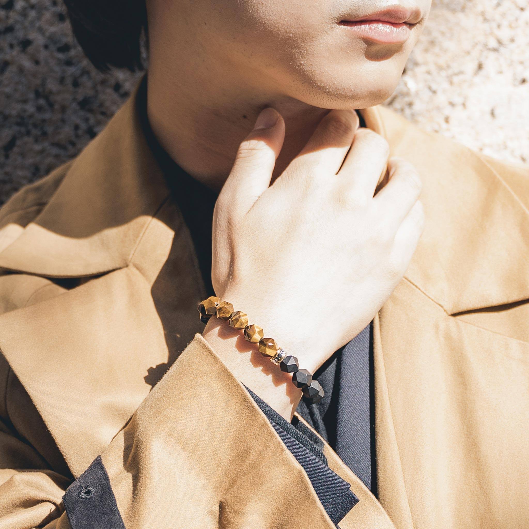 AWNL】メンズ タイガーアイ/オニキス ブレスレット | 10mmファセット